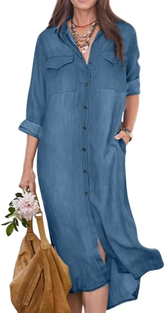 TIAFORD Women's Denim Button Down Long Shirt Dress Casual Lapel Long Sleeve Jean Tshirt Dress with Pockets Plus Size