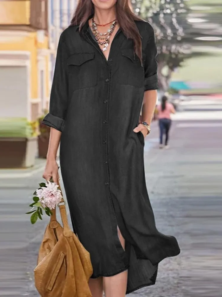 TIAFORD Women's Denim Button Down Long Shirt Dress Casual Lapel Long Sleeve Jean Tshirt Dress with Pockets Plus Size