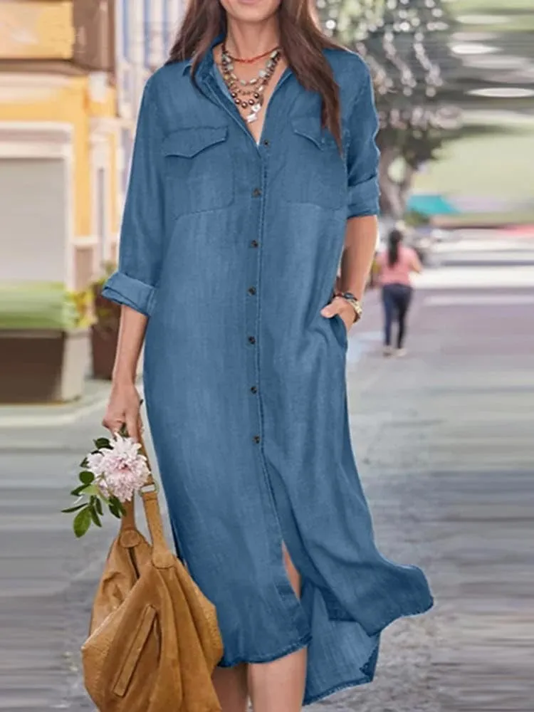 TIAFORD Women's Denim Button Down Long Shirt Dress Casual Lapel Long Sleeve Jean Tshirt Dress with Pockets Plus Size