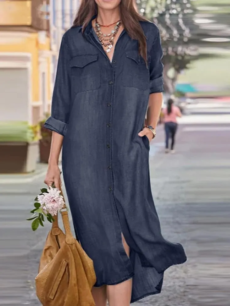TIAFORD Women's Denim Button Down Long Shirt Dress Casual Lapel Long Sleeve Jean Tshirt Dress with Pockets Plus Size