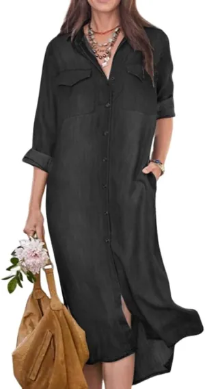TIAFORD Women's Denim Button Down Long Shirt Dress Casual Lapel Long Sleeve Jean Tshirt Dress with Pockets Plus Size