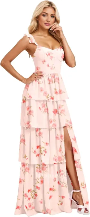Tiered Ruffle Bridesmaid Dresses for Wedding Spaghetti Strap Prom Dress Chiffon Evening Gown for Women with Slit