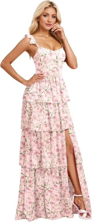 Tiered Ruffle Bridesmaid Dresses for Wedding Spaghetti Strap Prom Dress Chiffon Evening Gown for Women with Slit