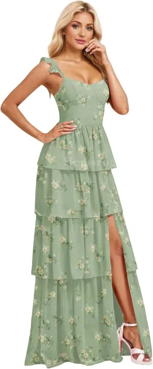 Tiered Ruffle Bridesmaid Dresses for Wedding Spaghetti Strap Prom Dress Chiffon Evening Gown for Women with Slit