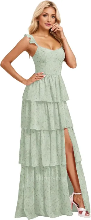 Tiered Ruffle Bridesmaid Dresses for Wedding Spaghetti Strap Prom Dress Chiffon Evening Gown for Women with Slit