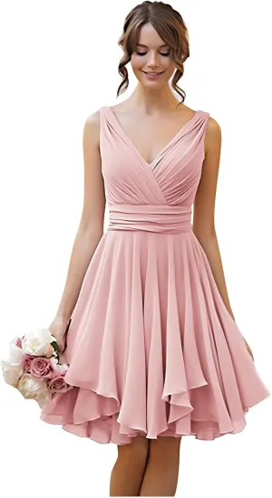 TORYEMY Short Bridesmaid Dresses Chiffon V Neck Cocktail Dresses Pleated for Wedding
