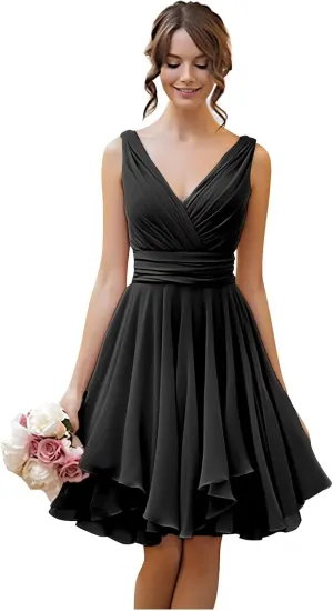 TORYEMY Short Bridesmaid Dresses Chiffon V Neck Cocktail Dresses Pleated for Wedding