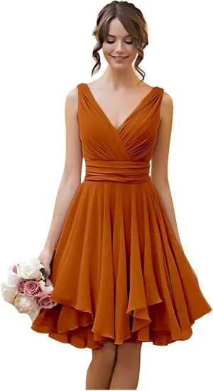TORYEMY Short Bridesmaid Dresses Chiffon V Neck Cocktail Dresses Pleated for Wedding