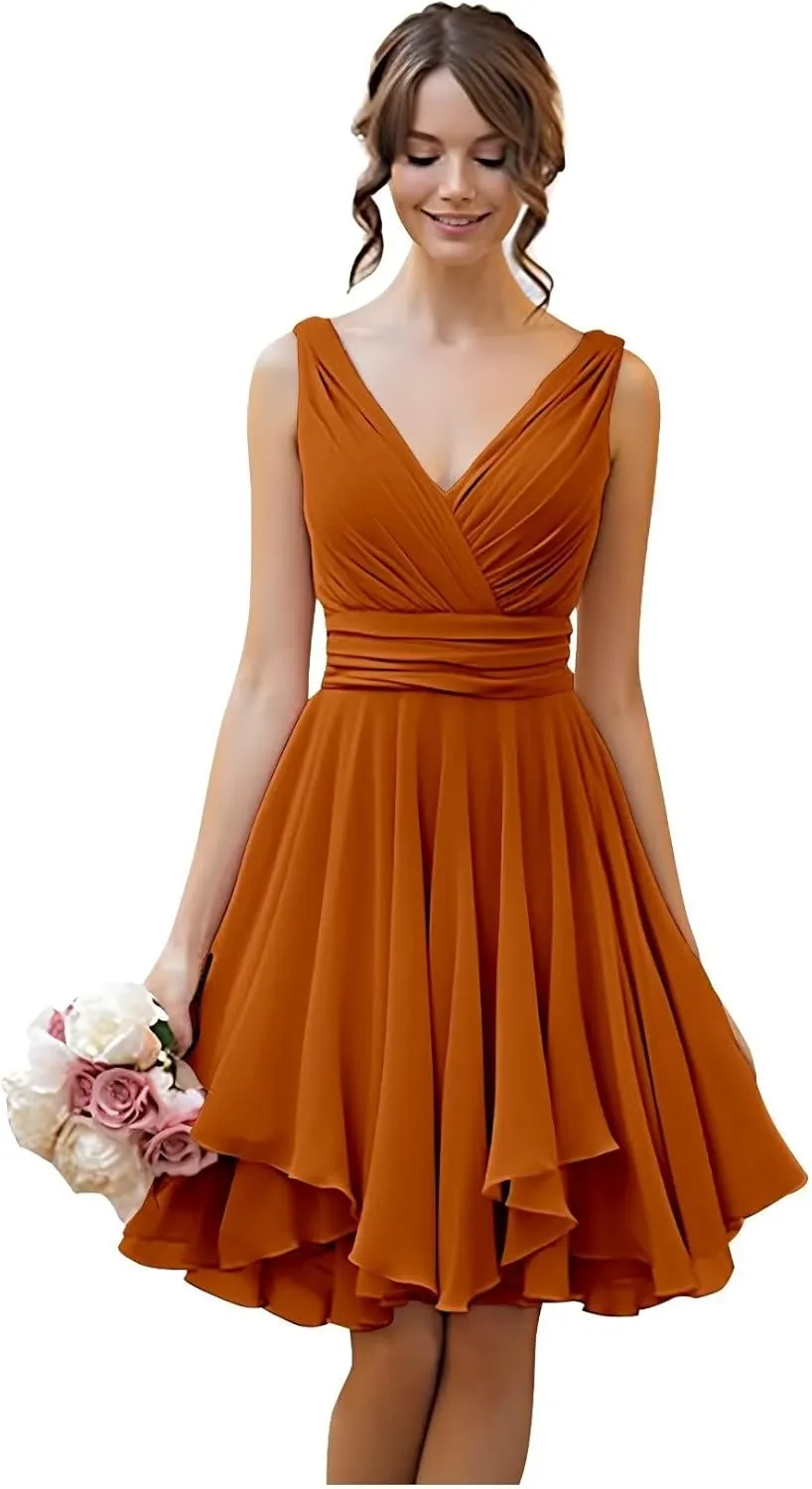 TORYEMY Short Bridesmaid Dresses Chiffon V Neck Cocktail Dresses Pleated for Wedding