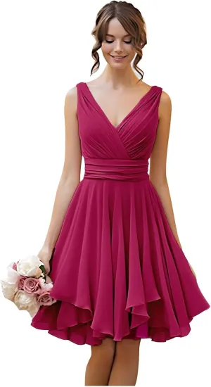 TORYEMY Short Bridesmaid Dresses Chiffon V Neck Cocktail Dresses Pleated for Wedding