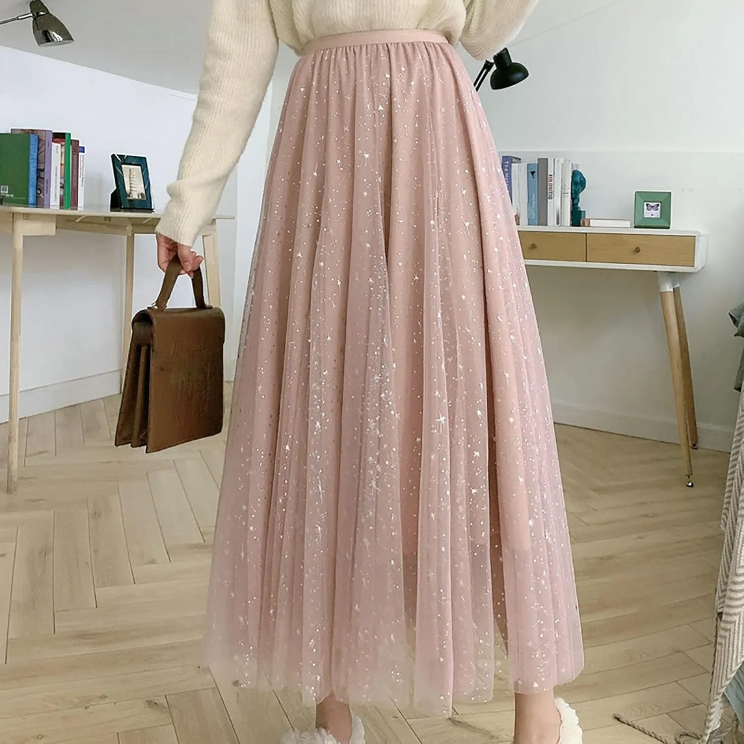 Tulle Skirt for Women Dressy Flowy High Waist Pleated Swing A-Line Skirts Summer Cute Mesh Irregular Hem Midi Skirts