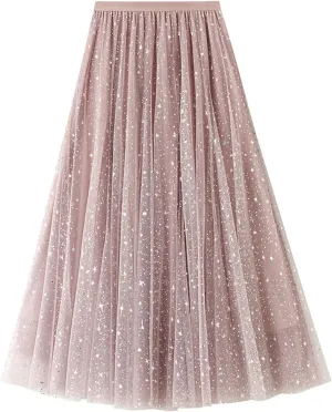 Tulle Skirt for Women Dressy Flowy High Waist Pleated Swing A-Line Skirts Summer Cute Mesh Irregular Hem Midi Skirts
