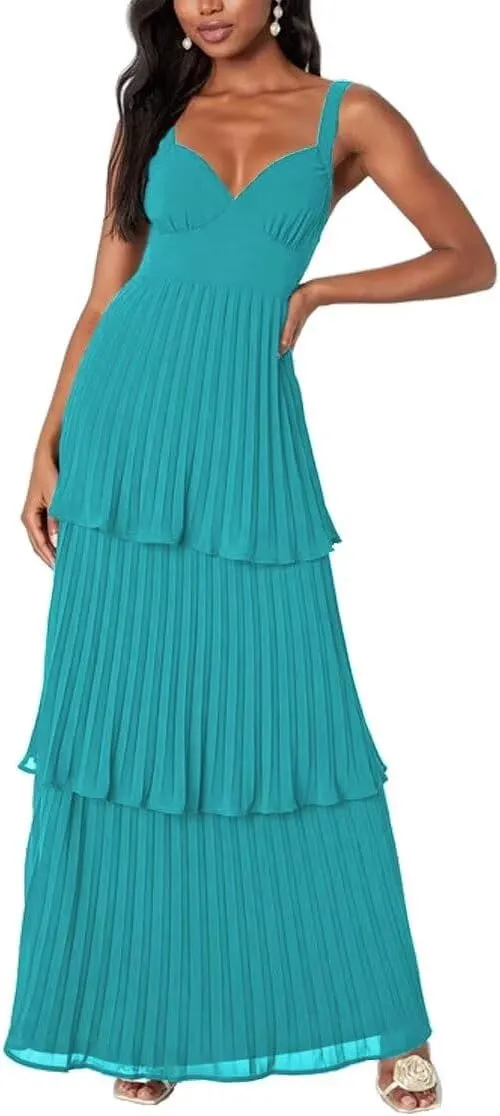 V Neck Pleated Bridesmaid Dresses Tiered Ruffle Chiffon Prom Dresses A line Backless Long Party Dress