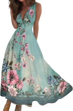 Vacation Dresses for Women 2025 Summer Beach Plus Size V-Neck Sleeveless Fashion Flowy Floral Printing Long Dress Blues