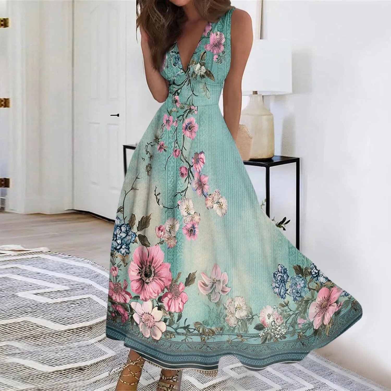 Vacation Dresses for Women 2025 Summer Beach Plus Size V-Neck Sleeveless Fashion Flowy Floral Printing Long Dress Blues