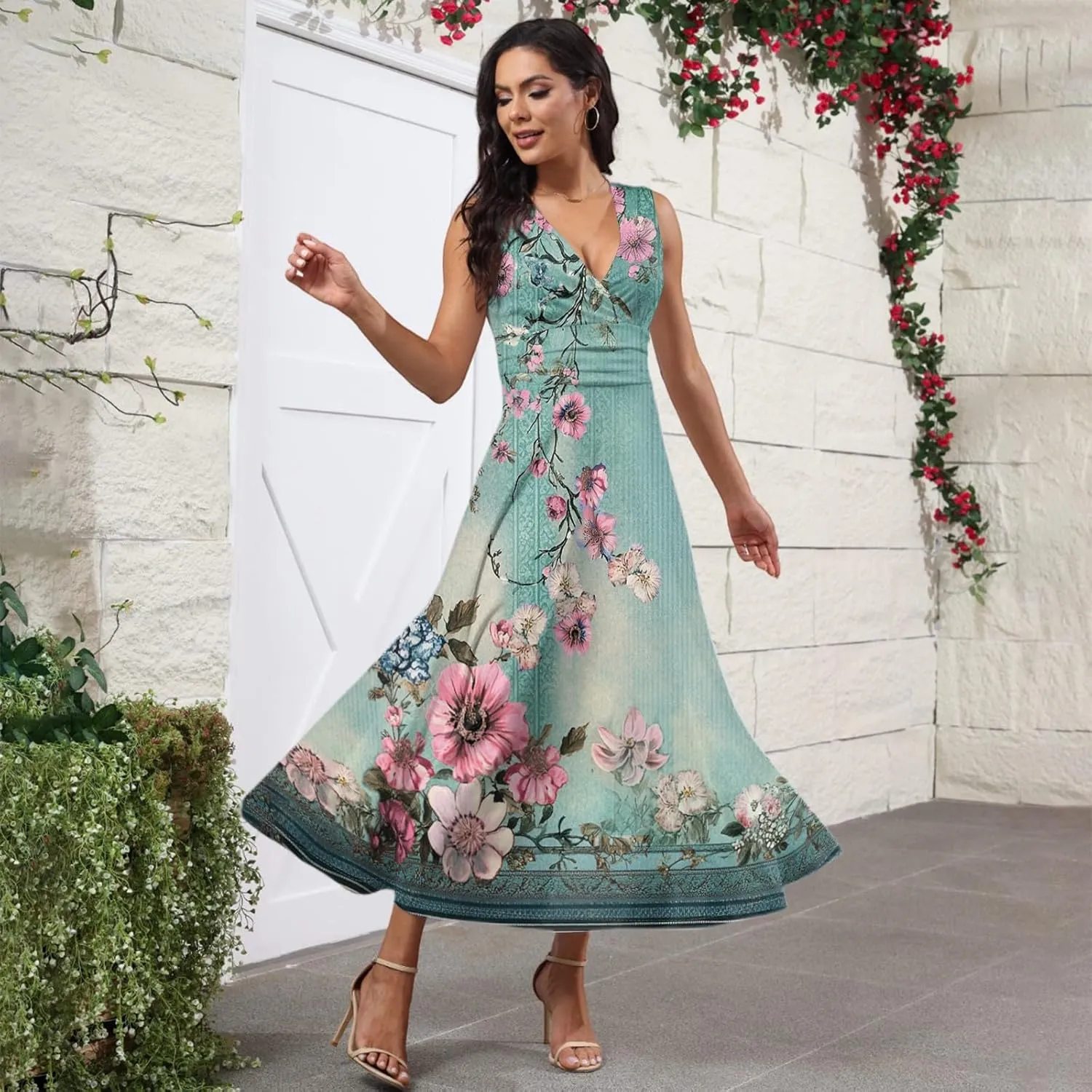Vacation Dresses for Women 2025 Summer Beach Plus Size V-Neck Sleeveless Fashion Flowy Floral Printing Long Dress Blues