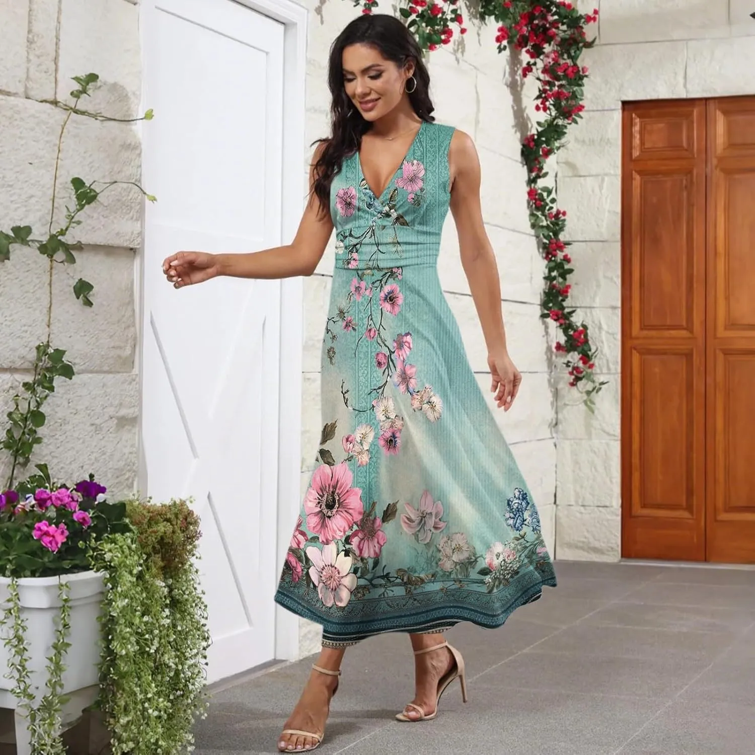 Vacation Dresses for Women 2025 Summer Beach Plus Size V-Neck Sleeveless Fashion Flowy Floral Printing Long Dress Blues