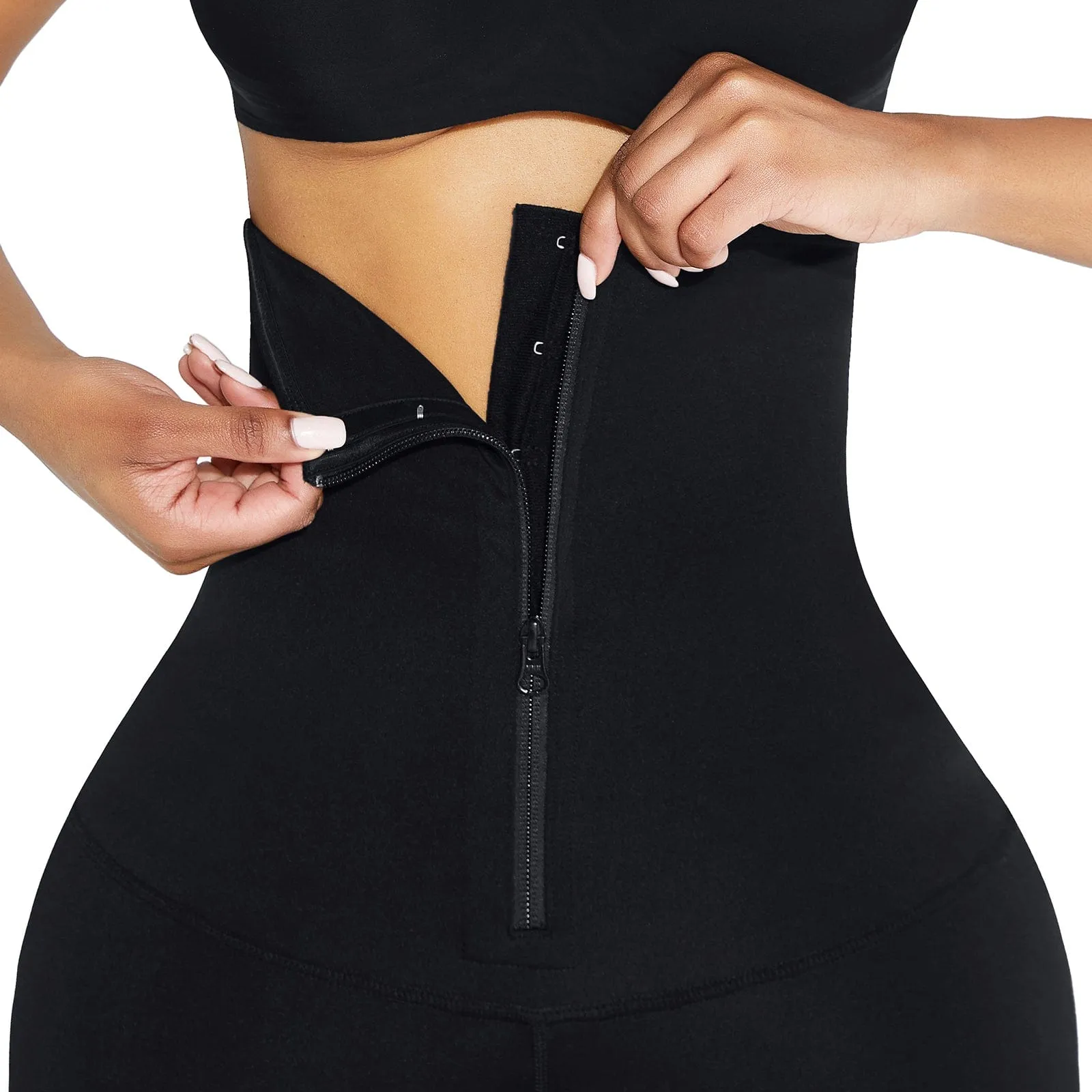 Wholesale Black Waist Trainer 2-In-1 Leggings With Zipping Hourglass Figure