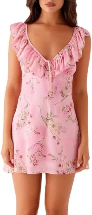 Women Backless Mini Dress Sleeveless Ruffle Shoulder Low Cut Neck Tie Back A-line Floral Dress
