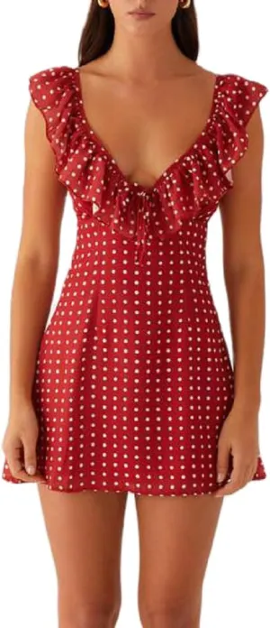 Women Backless Mini Dress Sleeveless Ruffle Shoulder Low Cut Neck Tie Back A-line Floral Dress