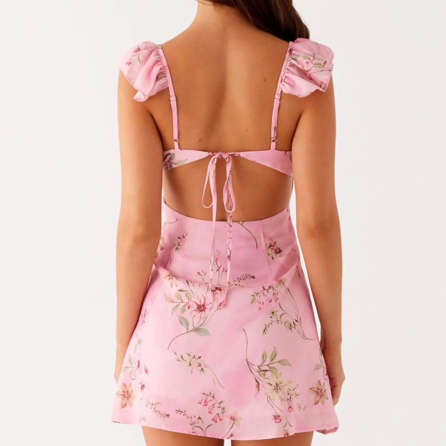 Women Backless Mini Dress Sleeveless Ruffle Shoulder Low Cut Neck Tie Back A-line Floral Dress