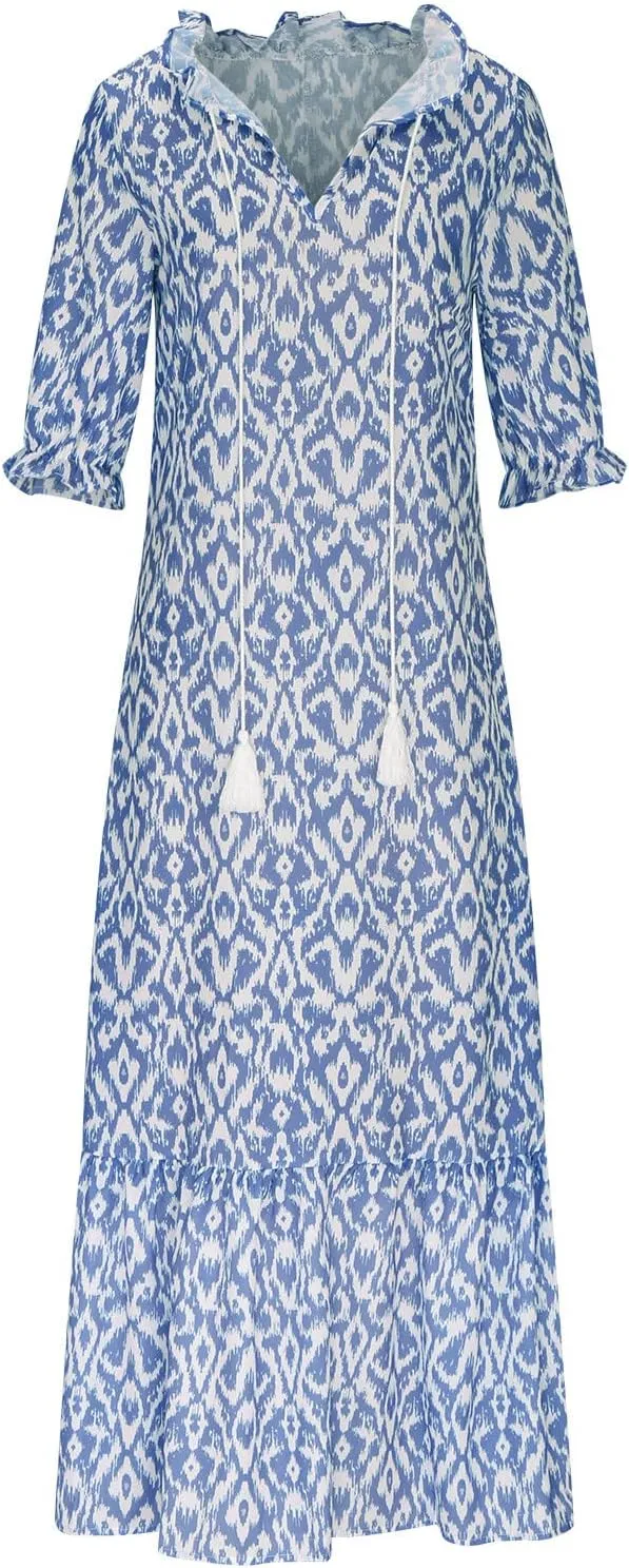 Women Boho Summer Dresses Floral Print Retro V Neck Tassel Bohemian Maxi Dress 3/4 Sleeve Ruffle Flowy A-Line Dress