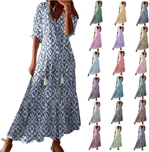 Women Boho Summer Dresses Floral Print Retro V Neck Tassel Bohemian Maxi Dress 3/4 Sleeve Ruffle Flowy A-Line Dress