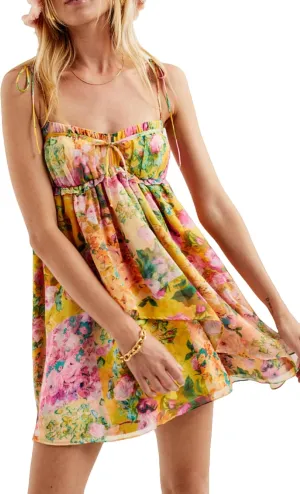 Women Floral Mini Dress Boho Tie Shoulder Spaghetti Strap Babydoll Dress Yellow Ruffle Beach Dresses