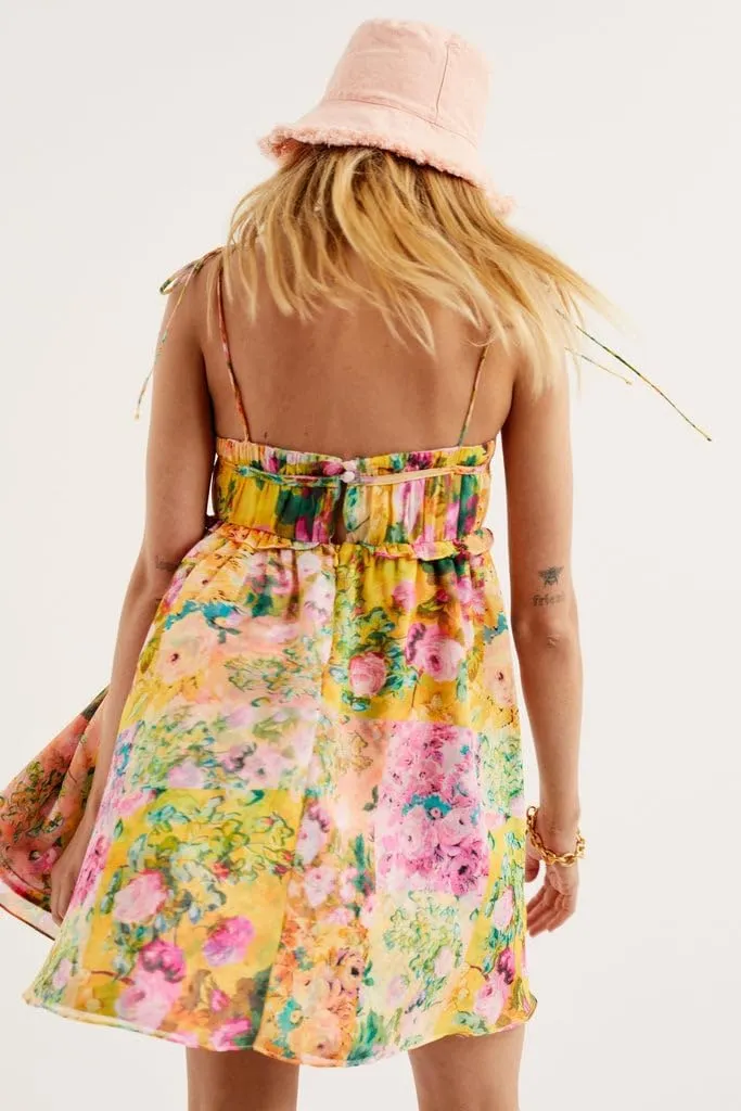 Women Floral Mini Dress Boho Tie Shoulder Spaghetti Strap Babydoll Dress Yellow Ruffle Beach Dresses