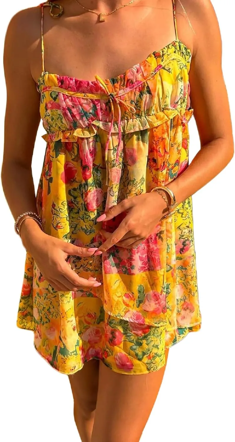 Women Floral Mini Dress Boho Tie Shoulder Spaghetti Strap Babydoll Dress Yellow Ruffle Beach Dresses
