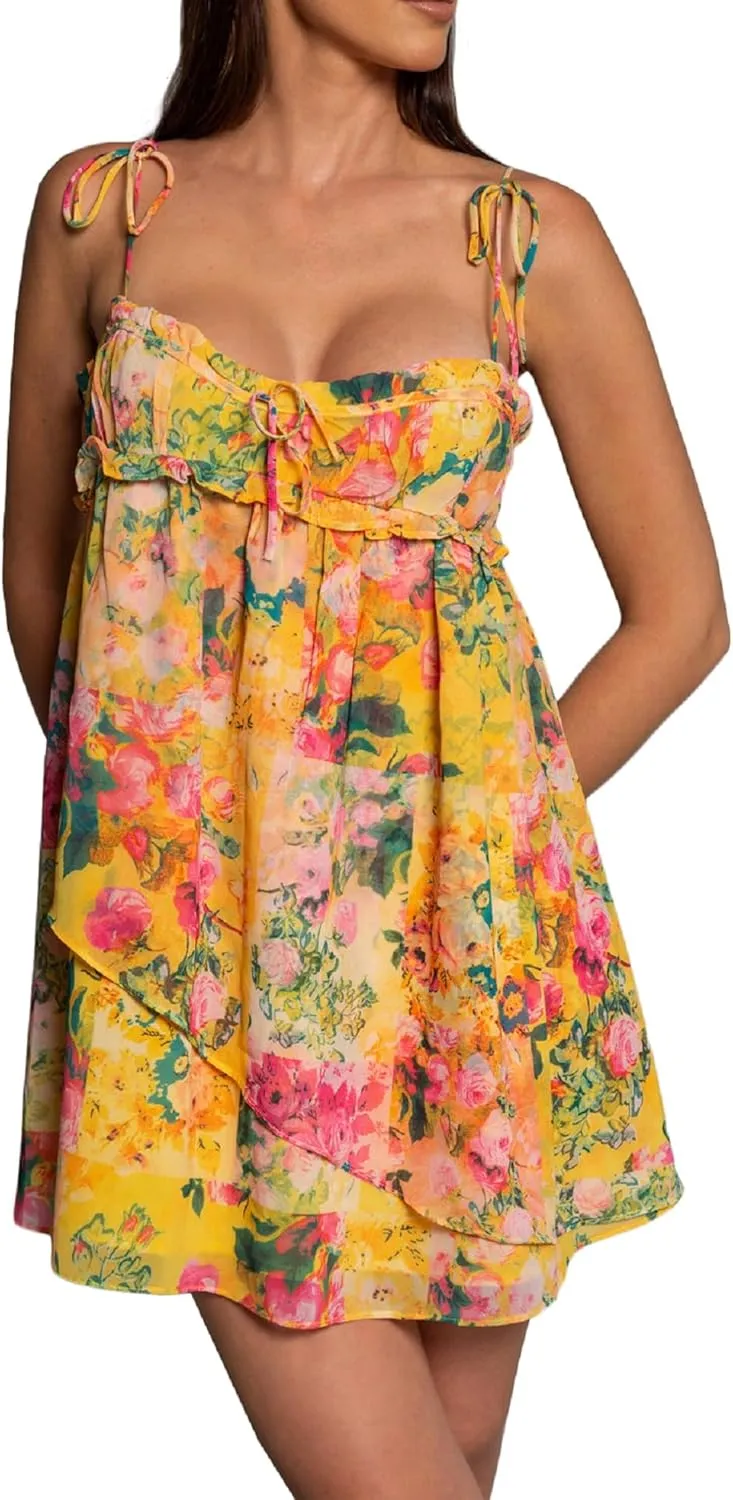 Women Floral Mini Dress Boho Tie Shoulder Spaghetti Strap Babydoll Dress Yellow Ruffle Beach Dresses
