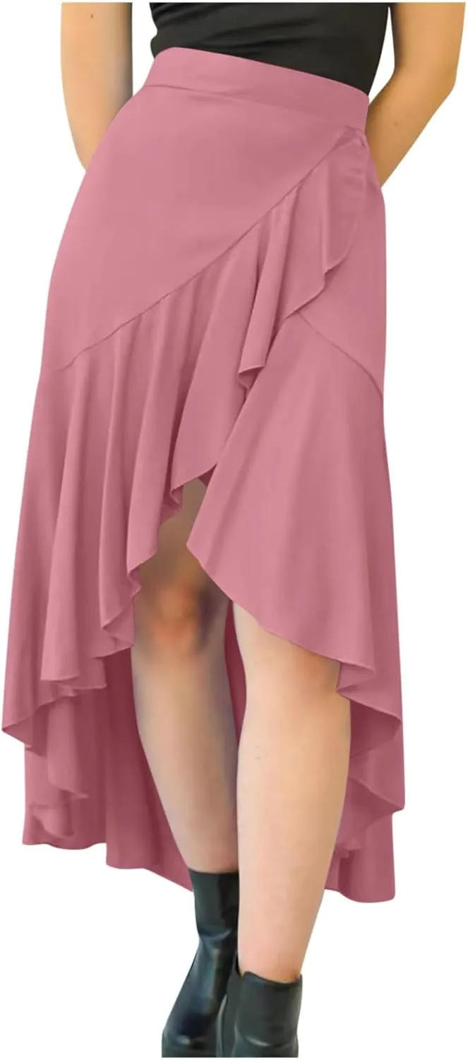 Women Irregular Ruffle High Low Beach Maxi Skirt Casual Ice Silk Fashion Trendy Summer Skirts Y2k Vintage Long Skirt