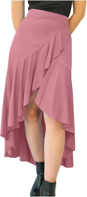Women Irregular Ruffle High Low Beach Maxi Skirt Casual Ice Silk Fashion Trendy Summer Skirts Y2k Vintage Long Skirt