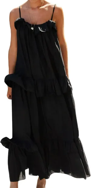 Women Ruffle Cami Maxi Dress Spaghetti Strap Swing Tiered Sundress Casual Tie Flowy Long Beach Dress