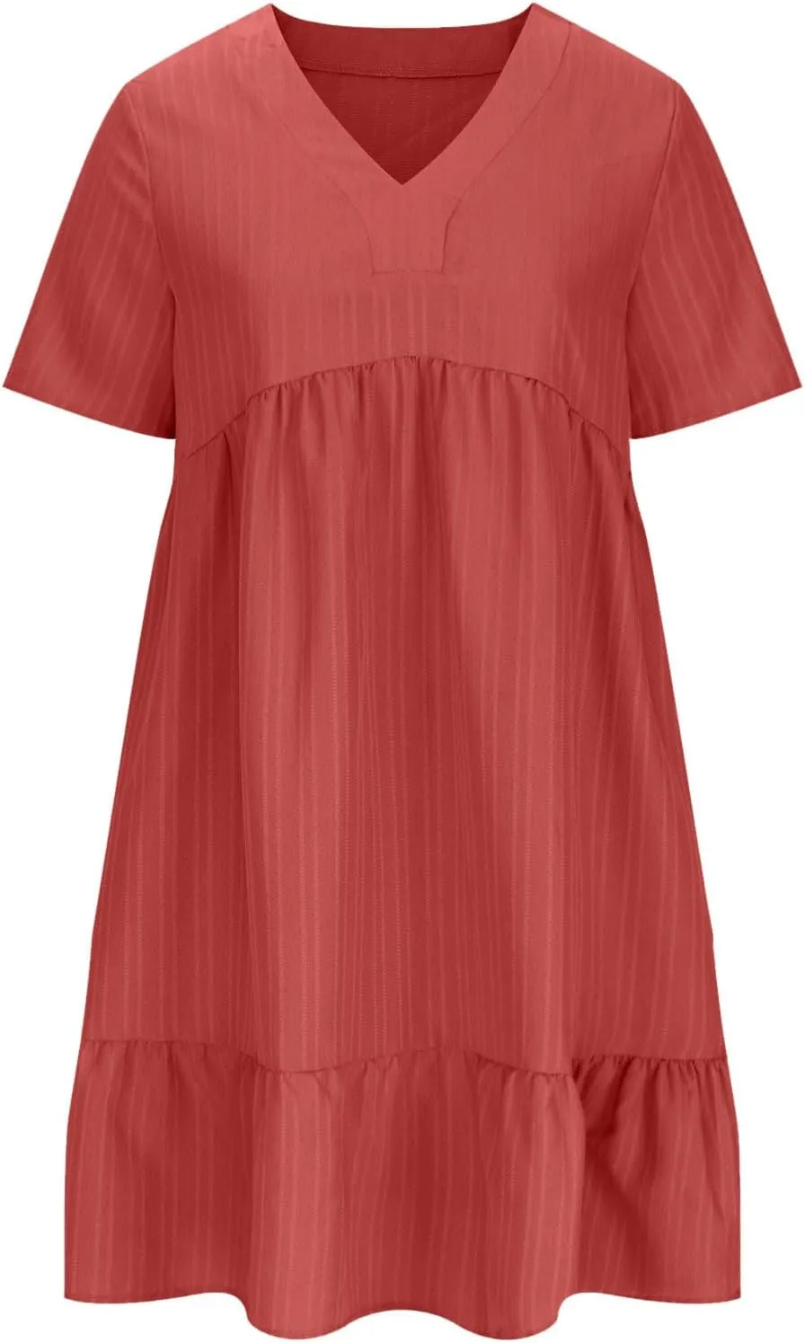 Women Ruffle Tiered Layered Flowy A Line Dresses Short Sleeve V Neck Summer Dress Holiday Casual Beach Sundress