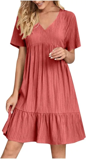 Women Ruffle Tiered Layered Flowy A Line Dresses Short Sleeve V Neck Summer Dress Holiday Casual Beach Sundress