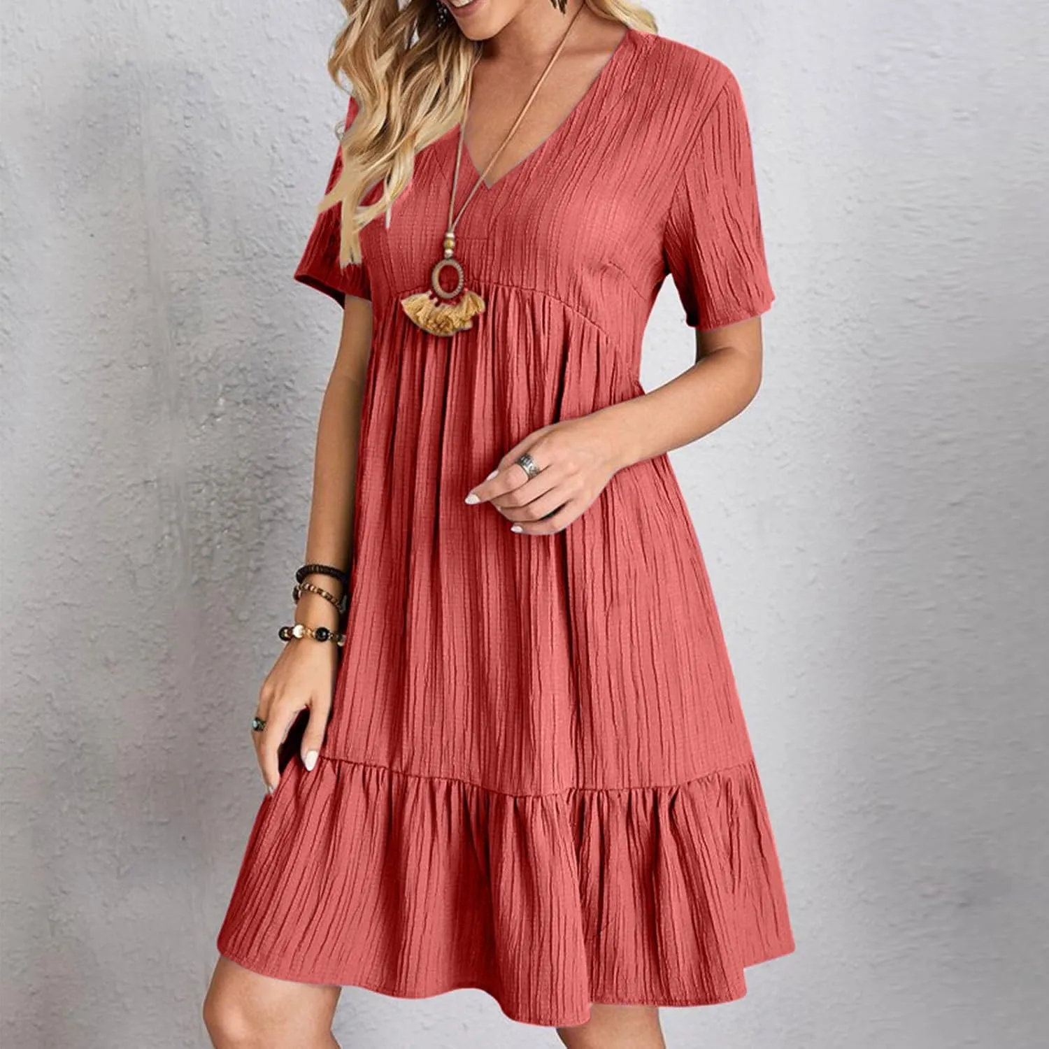 Women Ruffle Tiered Layered Flowy A Line Dresses Short Sleeve V Neck Summer Dress Holiday Casual Beach Sundress