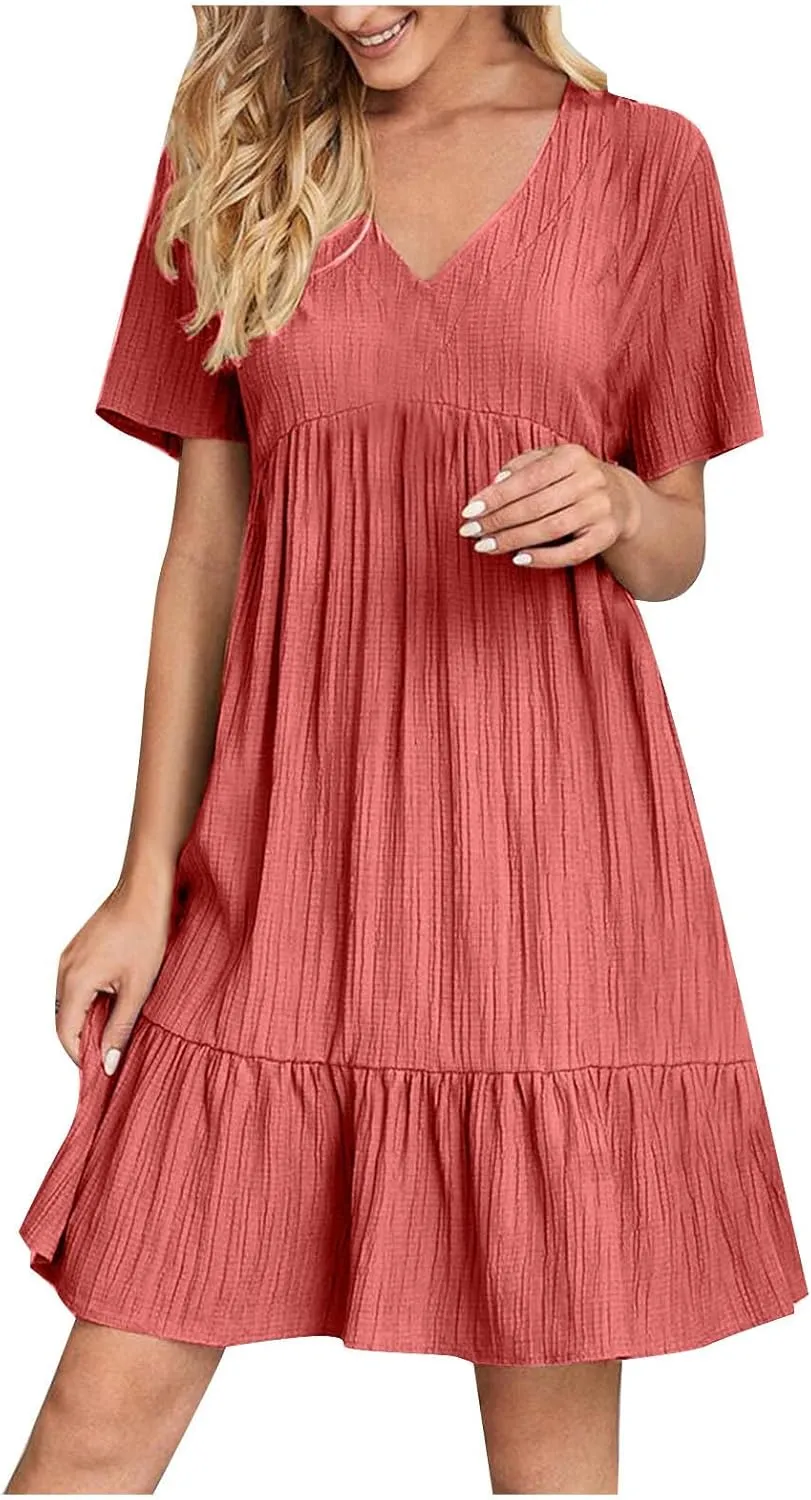 Women Ruffle Tiered Layered Flowy A Line Dresses Short Sleeve V Neck Summer Dress Holiday Casual Beach Sundress