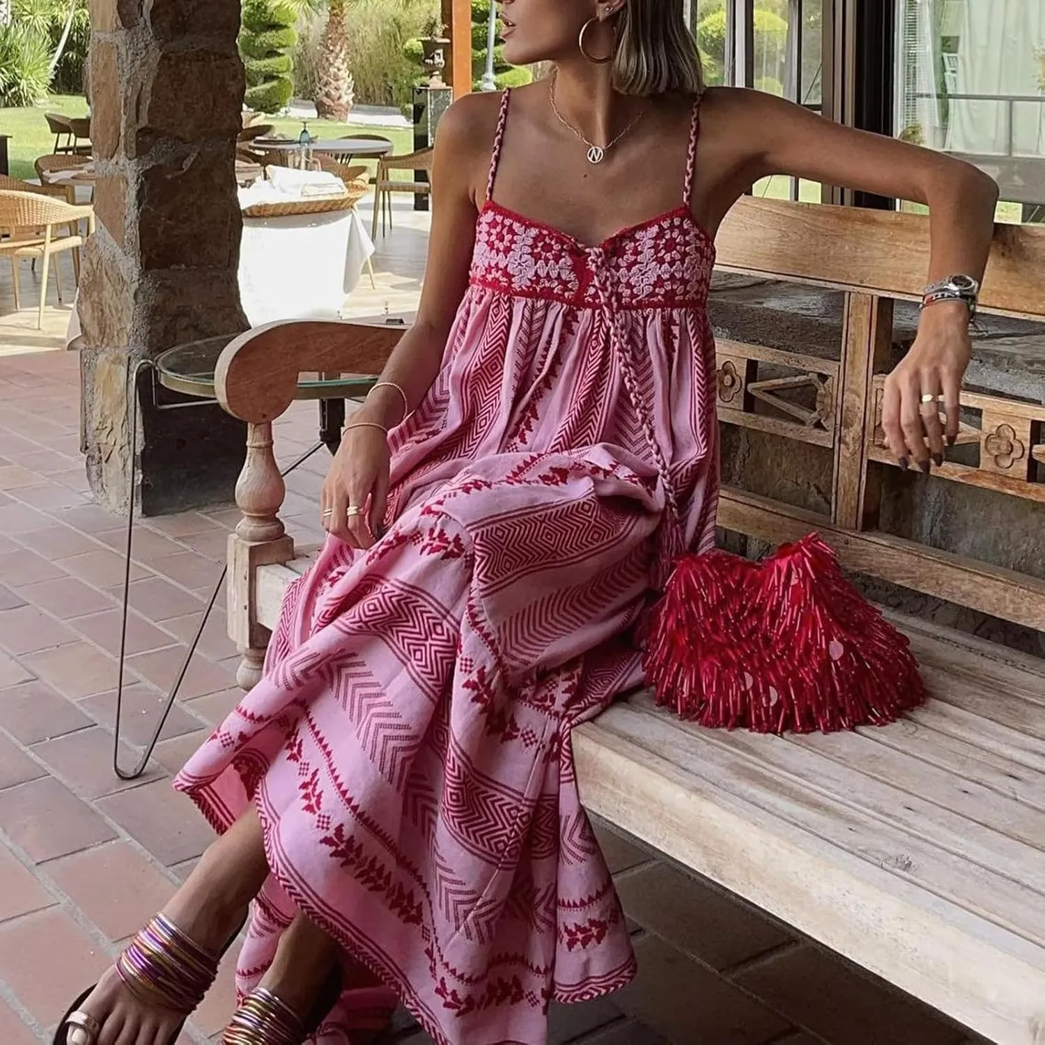 Women Spaghetti Strap Graphic Long Dress Vintage Graffiti Floral Print Backless Swing Maxi Dress Summer Beach Flowy Sundress