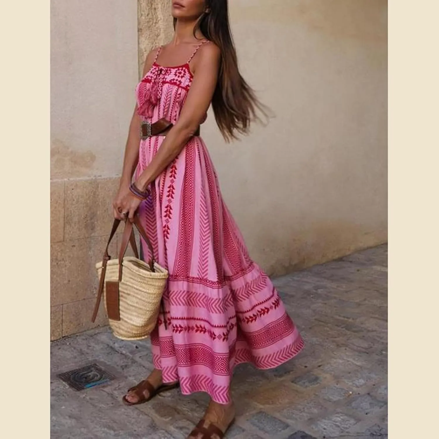 Women Spaghetti Strap Graphic Long Dress Vintage Graffiti Floral Print Backless Swing Maxi Dress Summer Beach Flowy Sundress