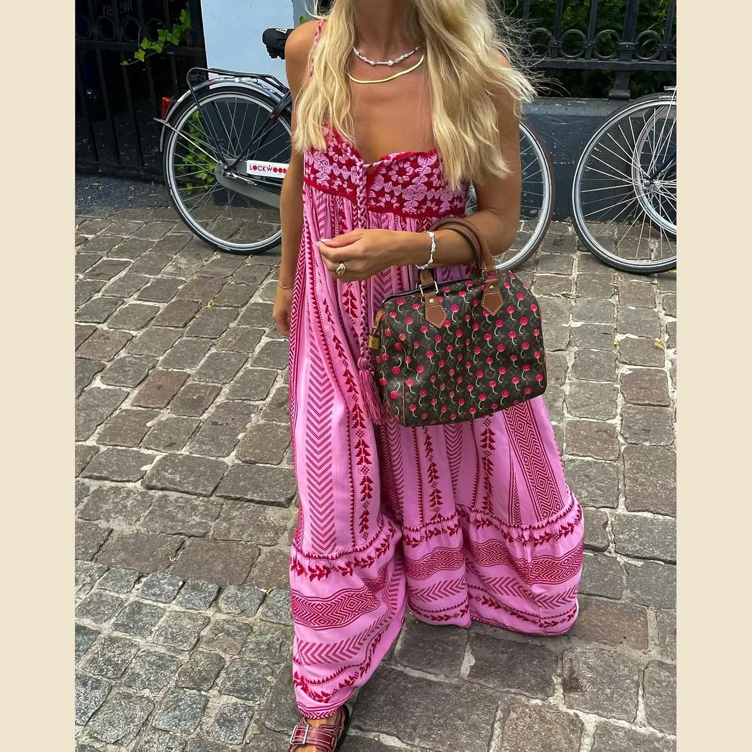 Women Spaghetti Strap Graphic Long Dress Vintage Graffiti Floral Print Backless Swing Maxi Dress Summer Beach Flowy Sundress