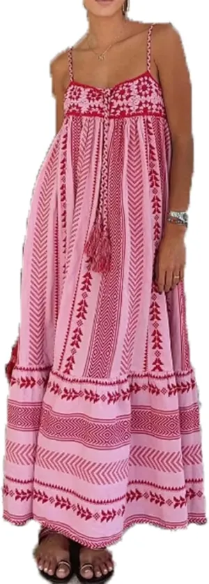Women Spaghetti Strap Graphic Long Dress Vintage Graffiti Floral Print Backless Swing Maxi Dress Summer Beach Flowy Sundress