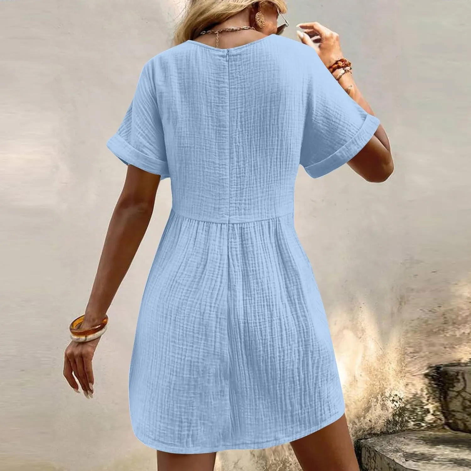 Women Summer Casual T Shirt Dress Short Sleeve V Neck Sundress 2025 Textured Solid Mini Beach Dresses with Pockets
