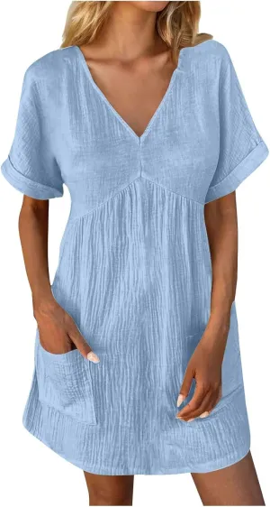 Women Summer Casual T Shirt Dress Short Sleeve V Neck Sundress 2025 Textured Solid Mini Beach Dresses with Pockets