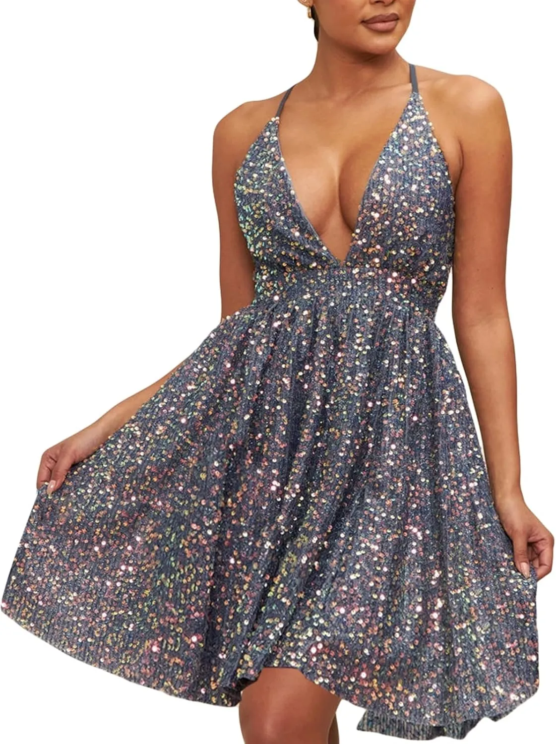 Women Y2K Deep V Neck Halter Mini Dress Sleeveless Low Cut Cutout Backless Ruffle Wrinkles Sequins A-Line Cocktail Dresses