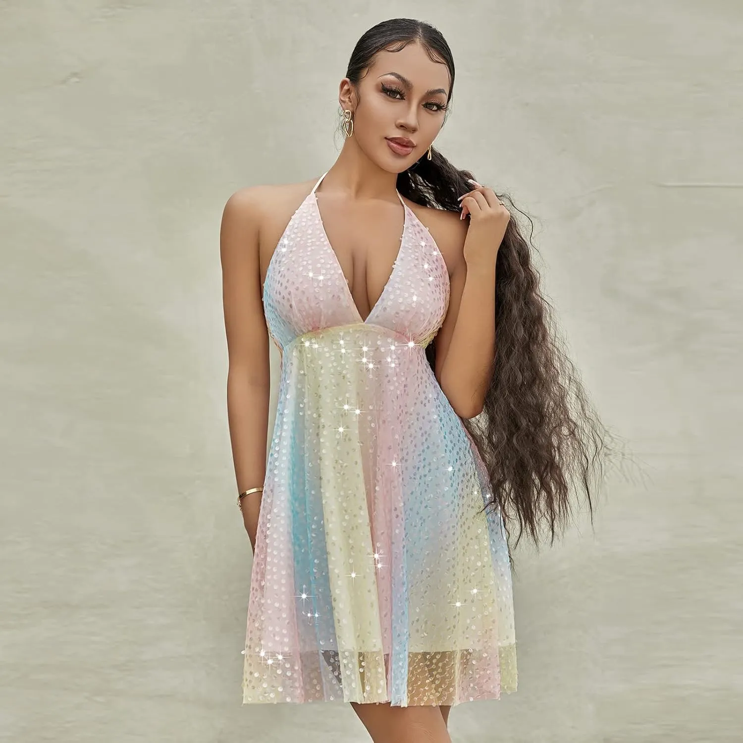 Women Y2K Deep V Neck Halter Mini Dress Sleeveless Low Cut Cutout Backless Ruffle Wrinkles Sequins A-Line Cocktail Dresses