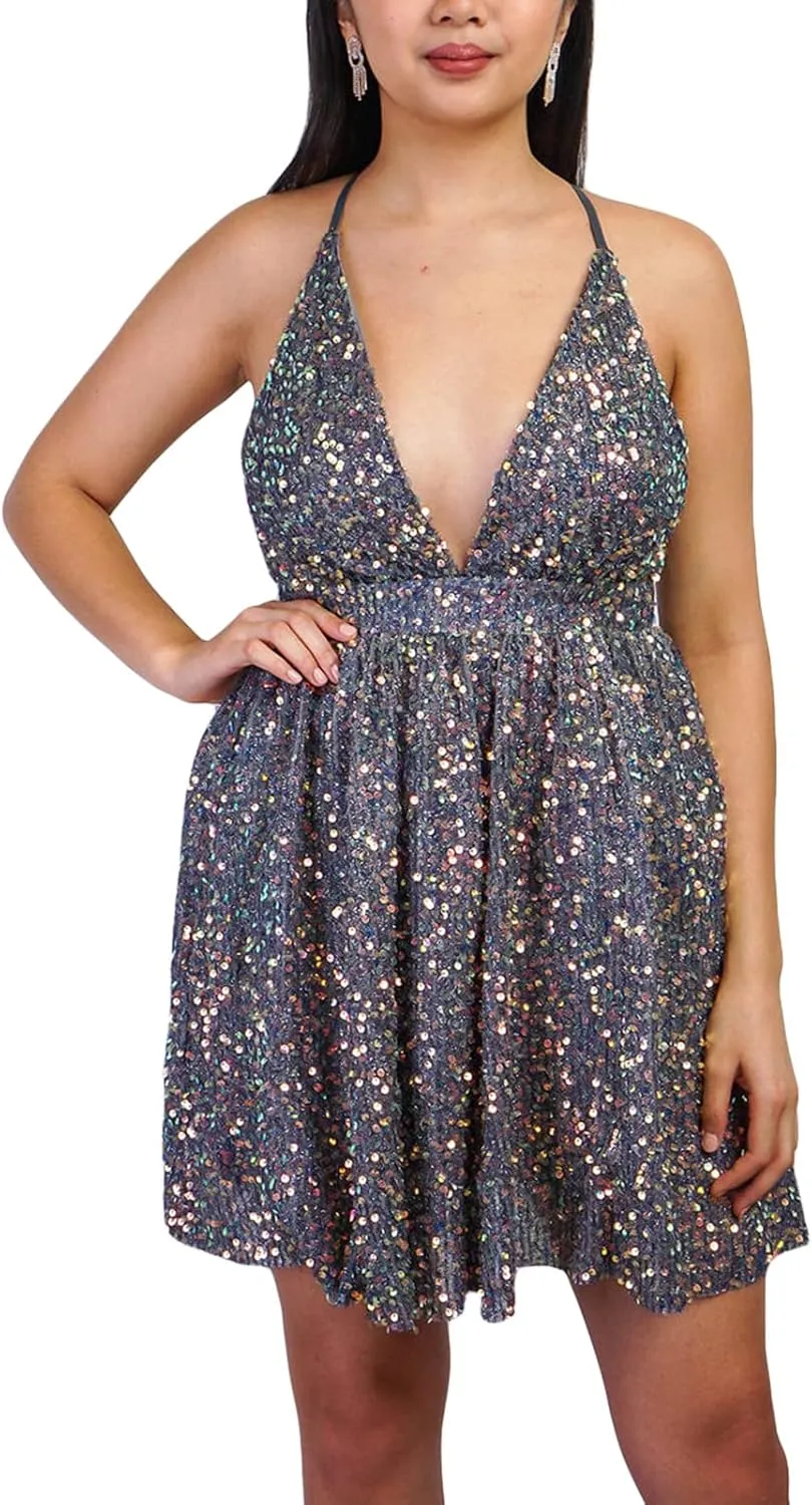 Women Y2K Deep V Neck Halter Mini Dress Sleeveless Low Cut Cutout Backless Ruffle Wrinkles Sequins A-Line Cocktail Dresses