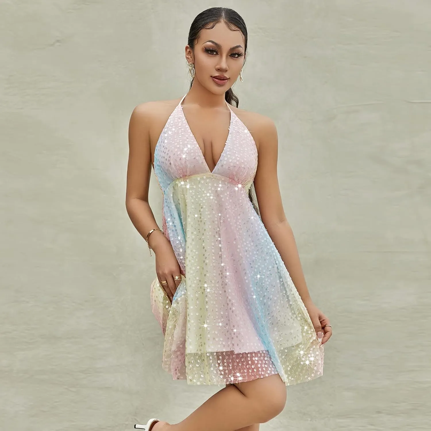 Women Y2K Deep V Neck Halter Mini Dress Sleeveless Low Cut Cutout Backless Ruffle Wrinkles Sequins A-Line Cocktail Dresses
