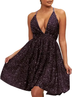 Women Y2K Deep V Neck Halter Mini Dress Sleeveless Low Cut Cutout Backless Ruffle Wrinkles Sequins A-Line Cocktail Dresses