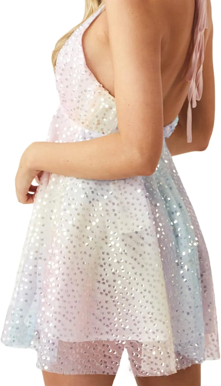 Women Y2K Deep V Neck Halter Mini Dress Sleeveless Low Cut Cutout Backless Ruffle Wrinkles Sequins A-Line Cocktail Dresses